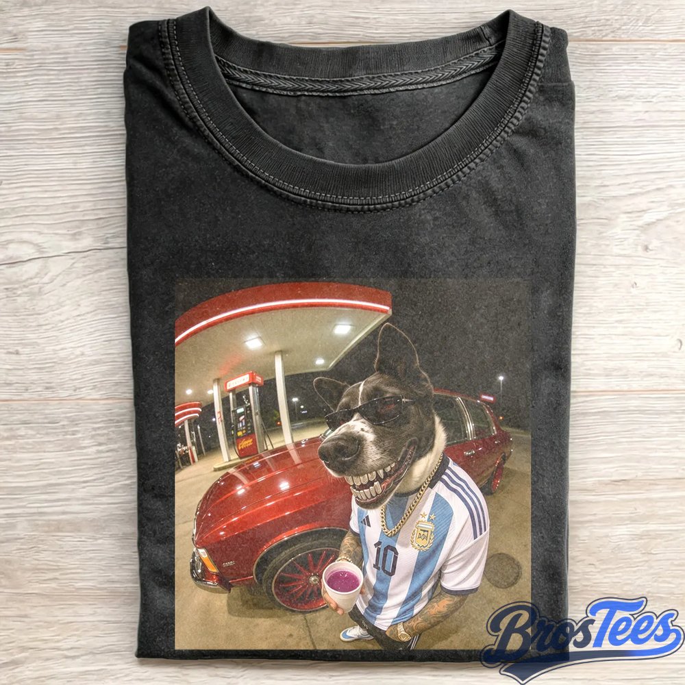 Argentina No. 10 Grinning Dog at Gas Station Funny Soccer Meme Tee