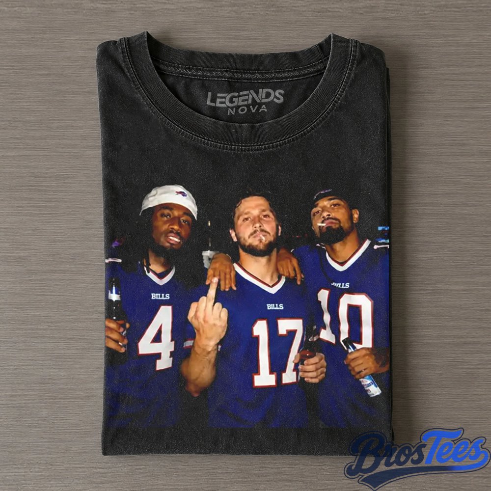 Buffalo Bills James Cook, Josh Allen & Khalil Shakir Drinking & Middle Finger T-Shirt