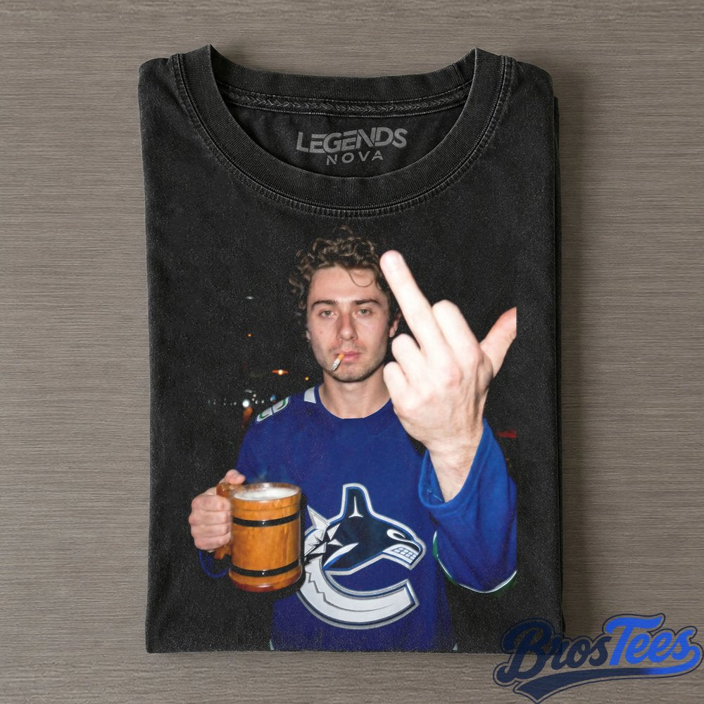Vancouver Canucks Quinn Hughes Smoking Drinking Beer and Middle Finger Tee