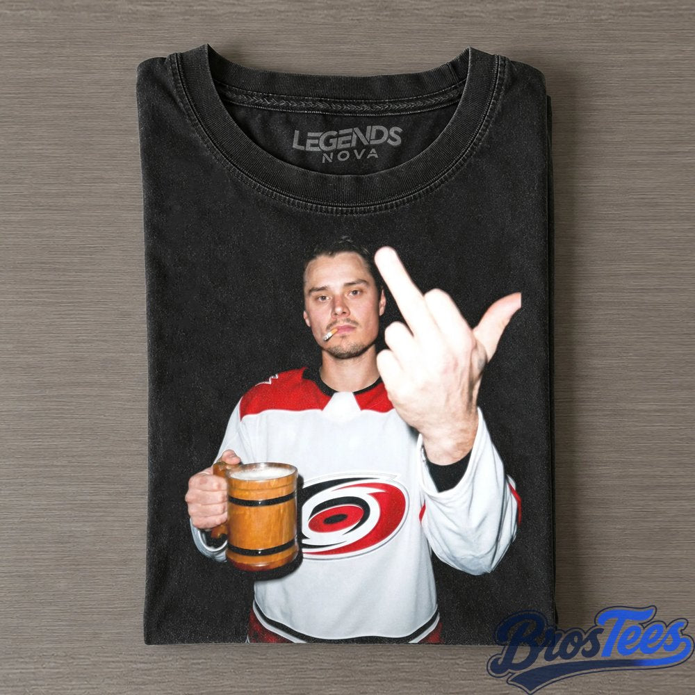 Carolina Hurricanes Sebastian Aho Drinking Beer and Middle Finger Tee