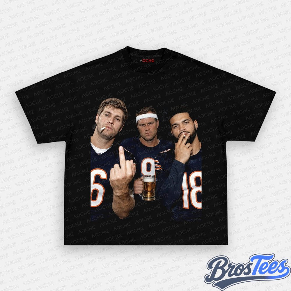 Chicago Bears Jay Cutler, Jim McMahon & Caleb Williams Drinking & Middle Finger Tee