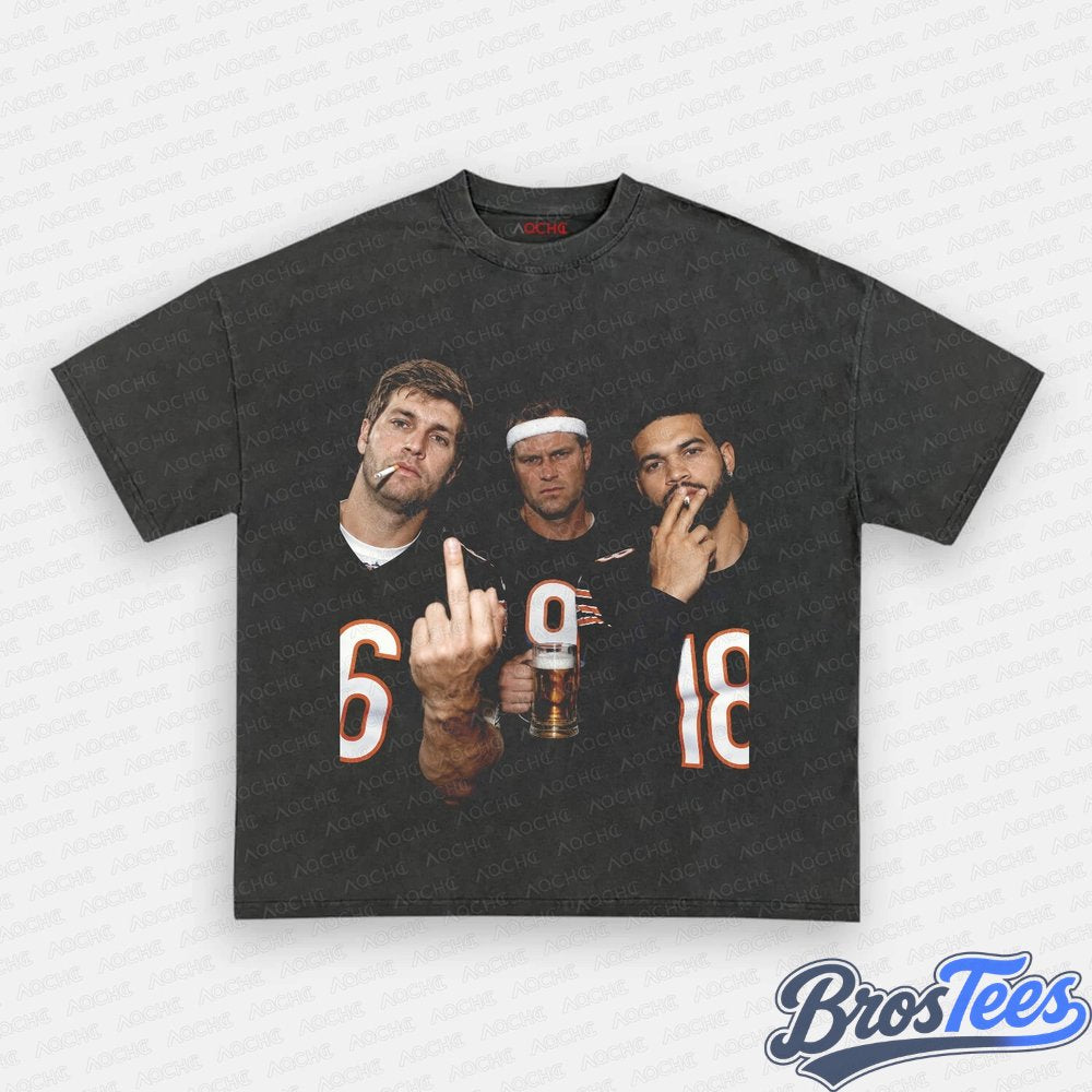 Chicago Bears Jay Cutler, Jim McMahon & Caleb Williams Drinking & Middle Finger Tee