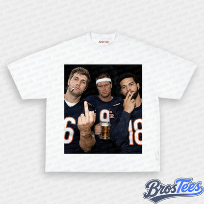 Chicago Bears Jay Cutler, Jim McMahon & Caleb Williams Drinking & Middle Finger Tee