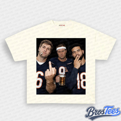Chicago Bears Jay Cutler, Jim McMahon & Caleb Williams Drinking & Middle Finger Tee