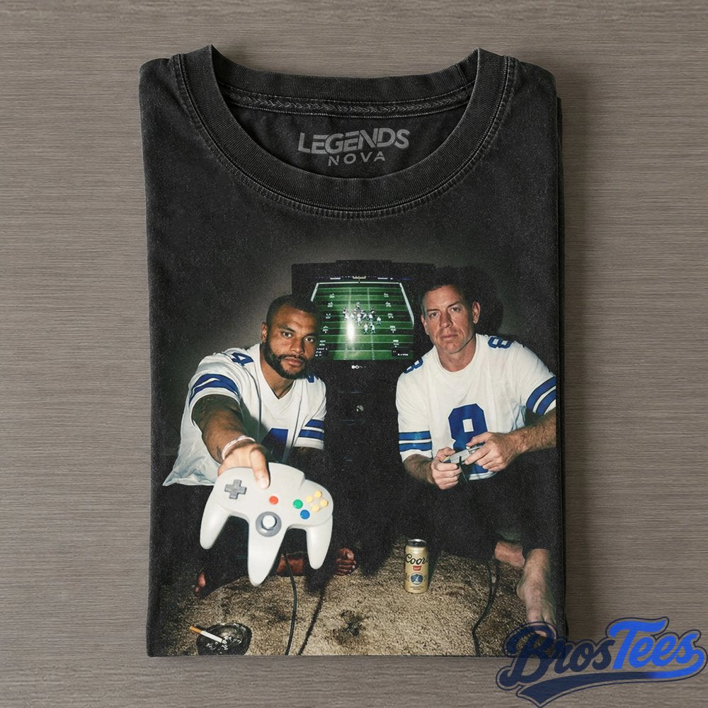 Dallas Cowboys Dak Prescott & Troy Aikman Playing Video Games & Drinking T-Shirt