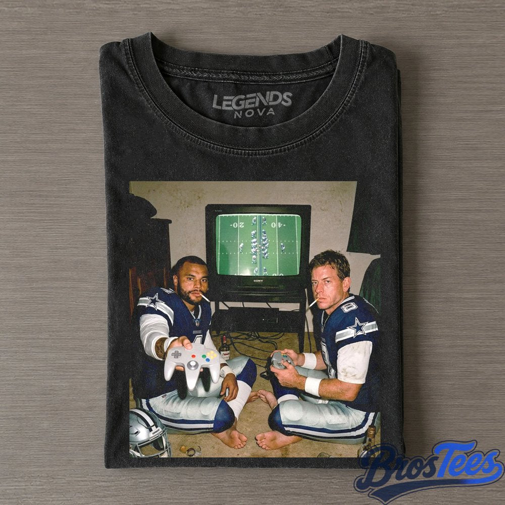 Dallas Cowboys Dak Prescott & Troy Aikman Playing Video Games & Drinking T-Shirt
