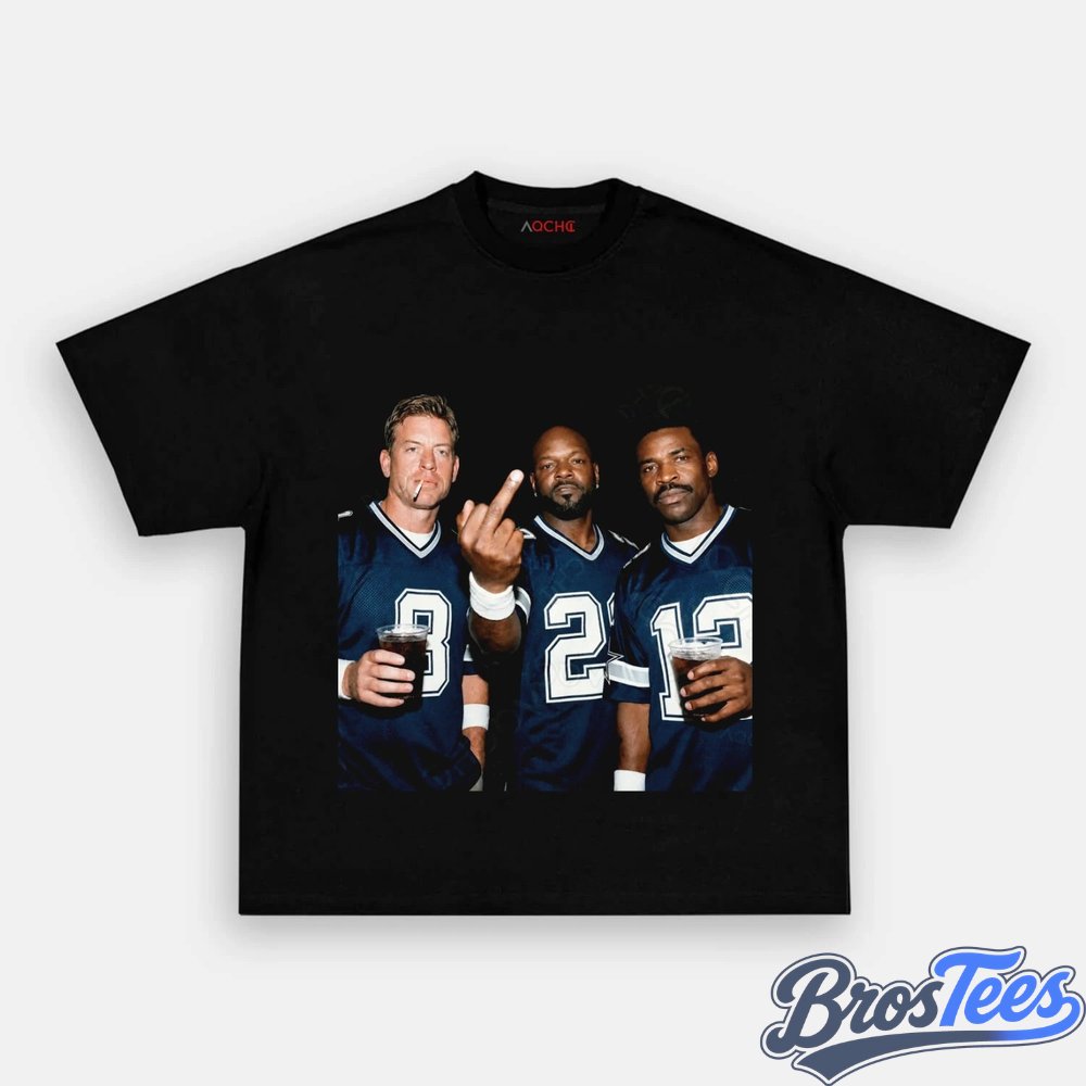 Dallas Cowboys Troy Aikman, Emmitt Smith & Michael Irvin Drinking & Middle Finger Tee