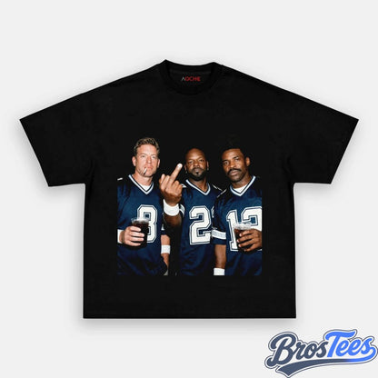 Dallas Cowboys Troy Aikman, Emmitt Smith & Michael Irvin Drinking & Middle Finger Tee
