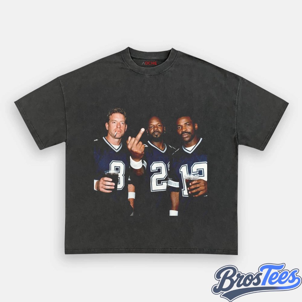 Dallas Cowboys Troy Aikman, Emmitt Smith & Michael Irvin Drinking & Middle Finger Tee