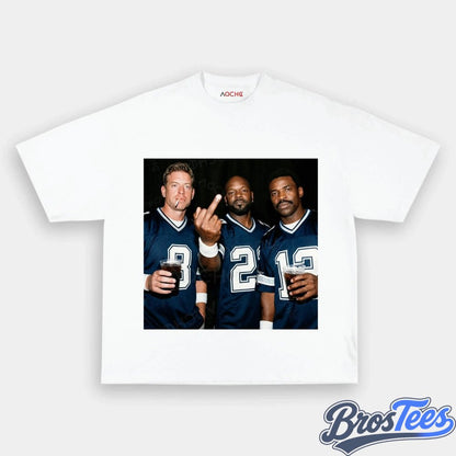 Dallas Cowboys Troy Aikman, Emmitt Smith & Michael Irvin Drinking & Middle Finger Tee