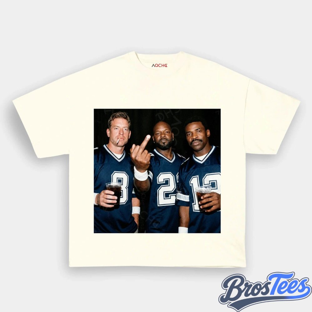Dallas Cowboys Troy Aikman, Emmitt Smith & Michael Irvin Drinking & Middle Finger Tee