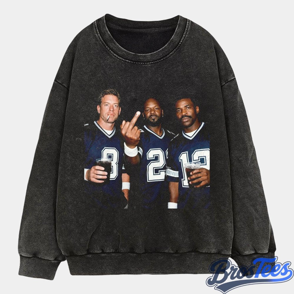 Dallas Cowboys Troy Aikman, Emmitt Smith & Michael Irvin Drinking & Middle Finger Tee