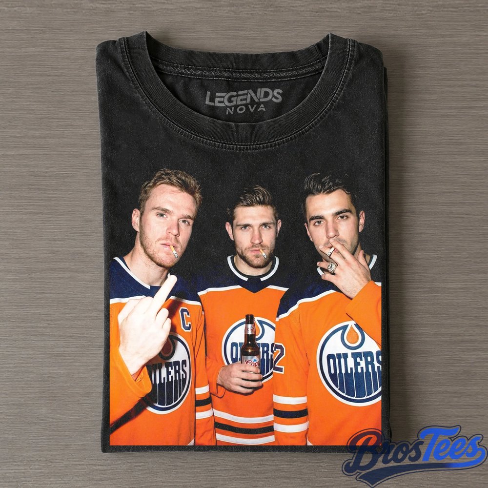 Edmonton Oilers Connor McDavid Leon Draisaitl and Evan Bouchard Smoking Drinking and Middle Finger Tee