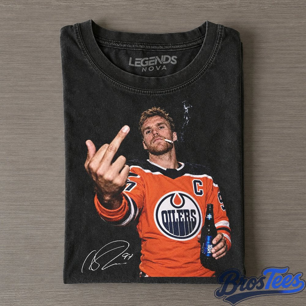 Edmonton Oilers Connor McDavid Leon Draisaitl and Evan Bouchard Smoking Drinking and Middle Finger Tee