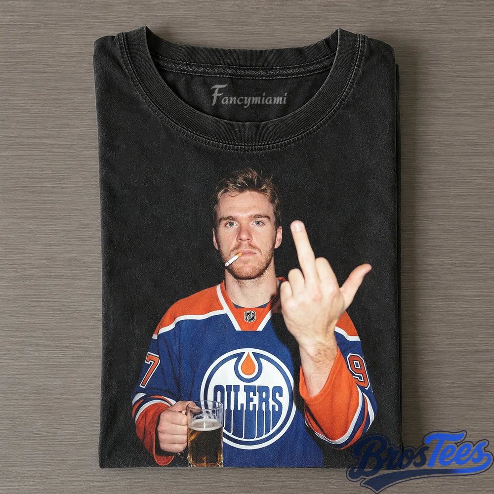 Edmonton Oilers Connor McDavid Smoking Drinking Beer and Middle Finger Tee
