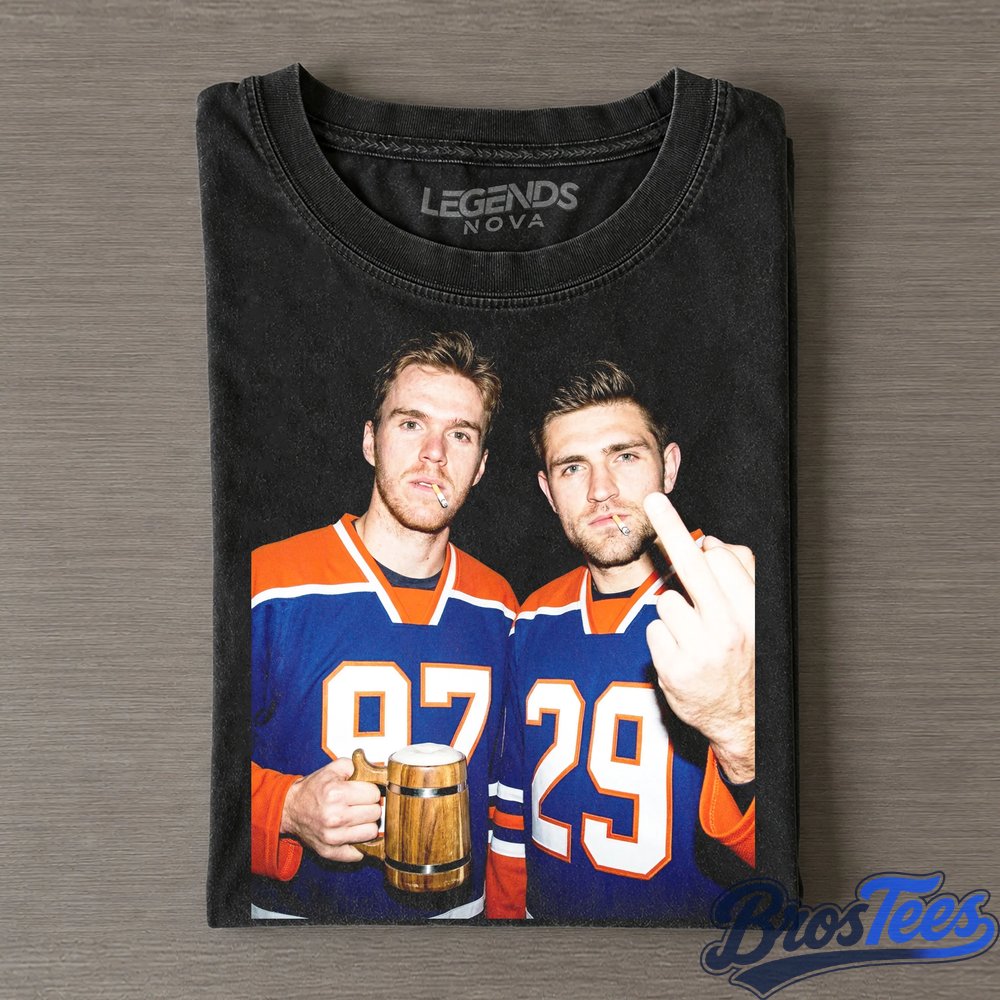 Edmonton Oilers Connor McDavid and Leon Draisaitl Drinking Beer and Middle Finger Tee