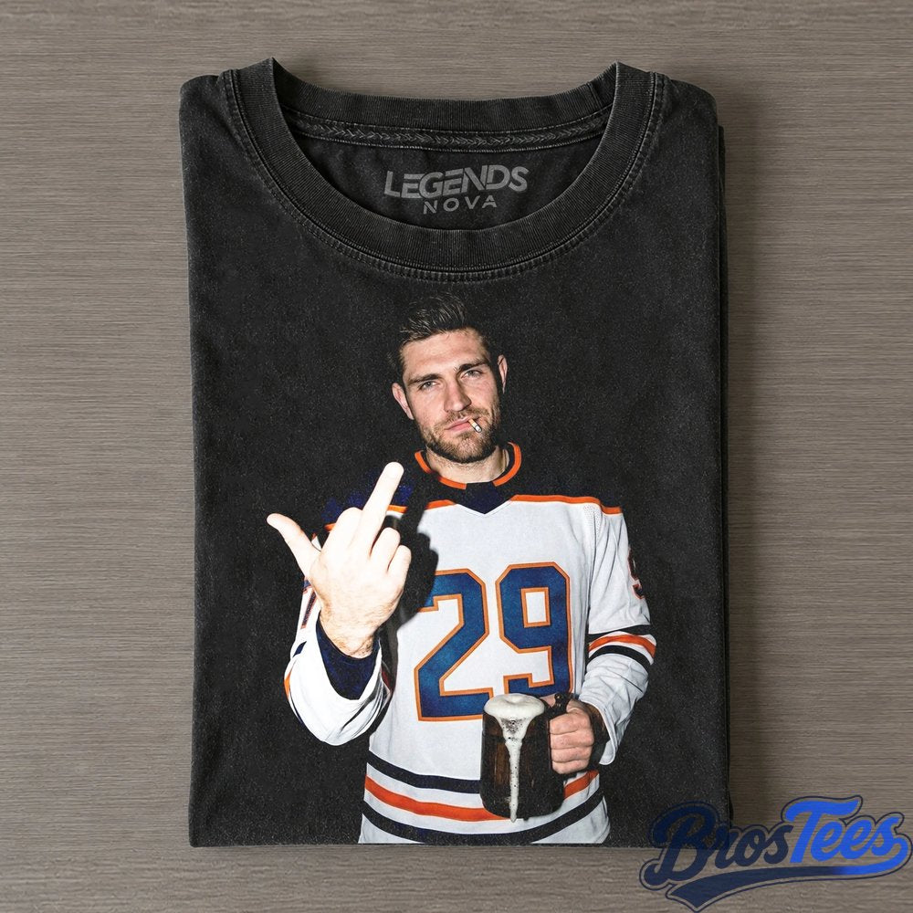 Edmonton Oilers Leon Draisaitl Drinking and Middle Finger Tee
