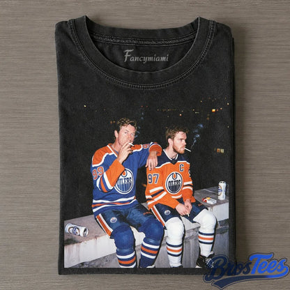 Edmonton Oilers Wayne Gretzky and Connor McDavid Smoking Drinking Beer and Middle Finger Tee