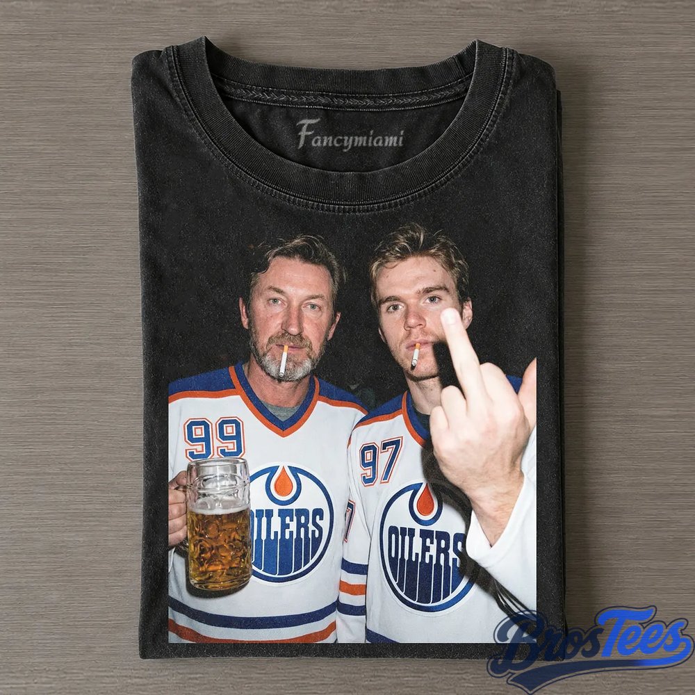 Edmonton Oilers Wayne Gretzky and Connor McDavid Smoking Drinking Beer and Middle Finger Tee