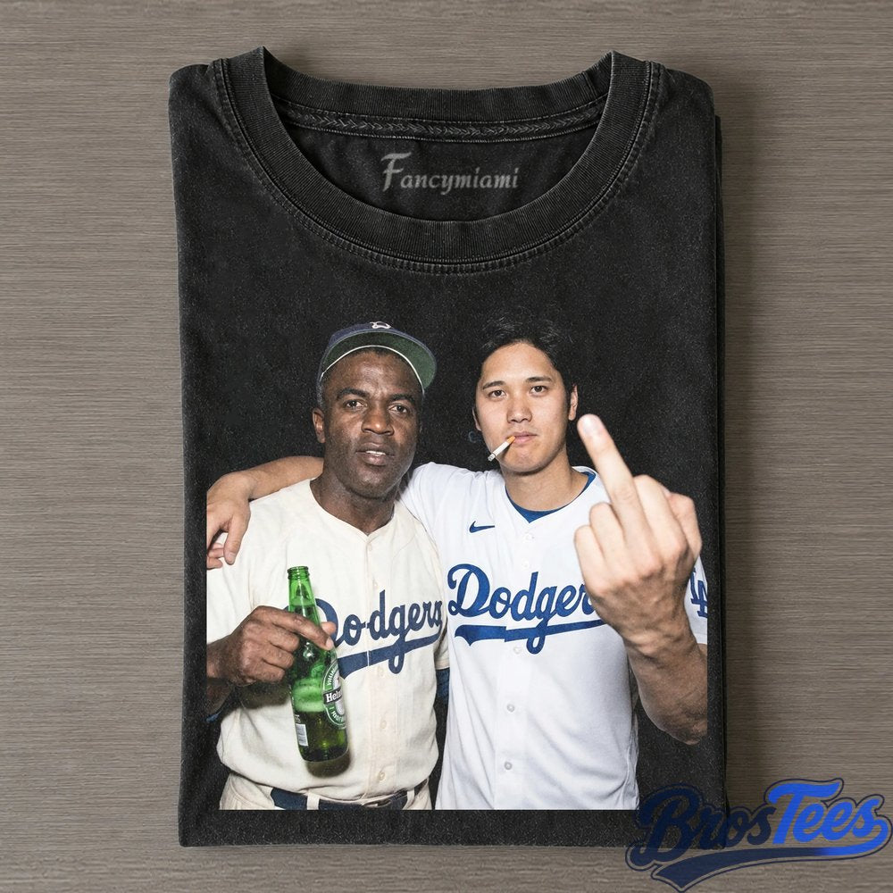 LA Dodgers Jackie Robinson and Shohei Ohtani Smoking Drinking and Middle Finger Tee