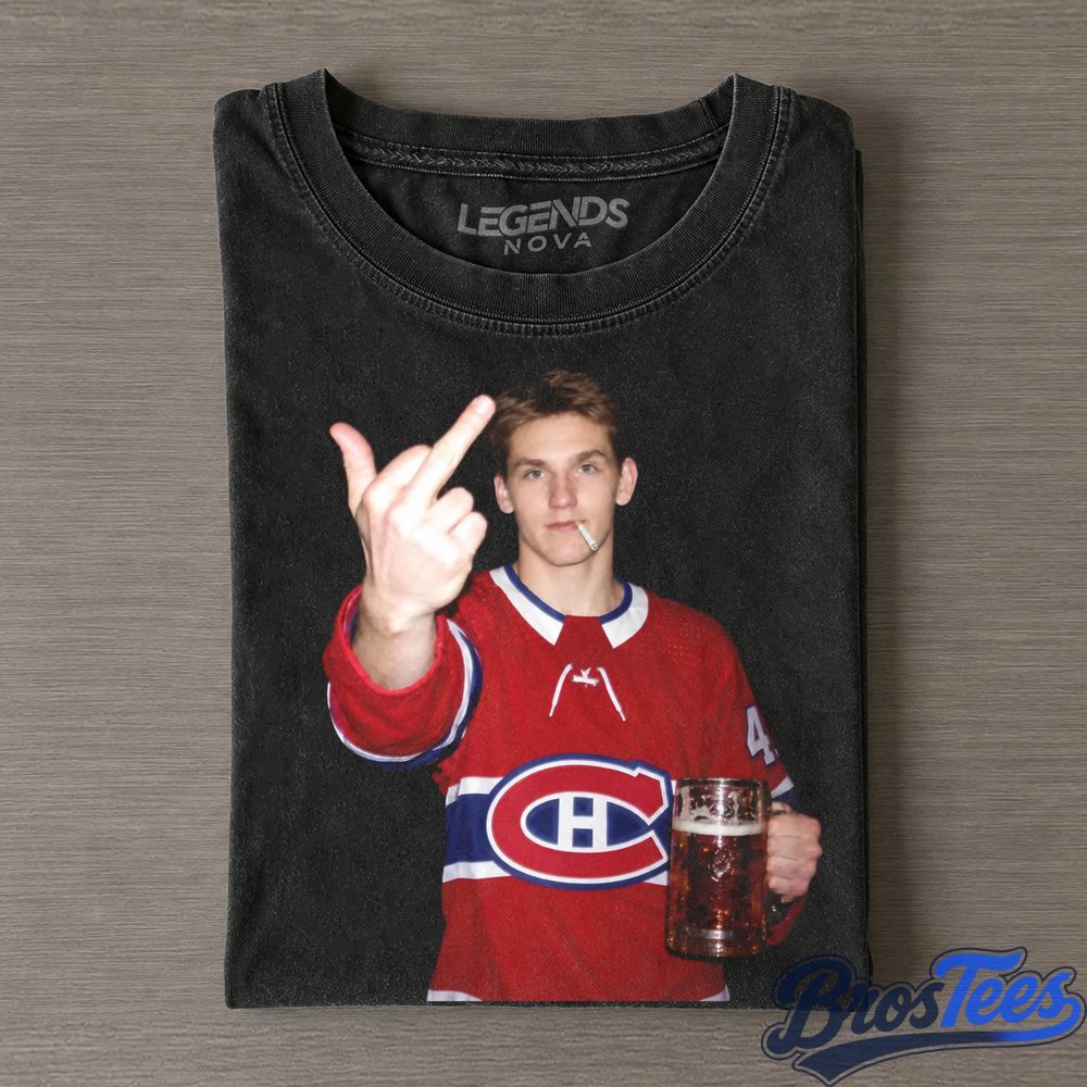 Montreal Canadiens Lane Hutson Drinking Beer and Middle Finger Tee