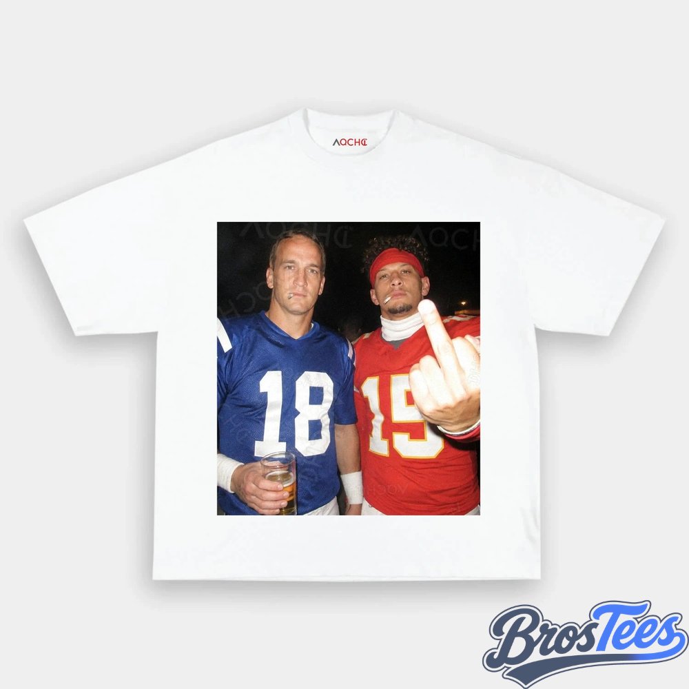 NFL Peyton Manning & Patrick Mahomes Drinking & Middle Finger Tee