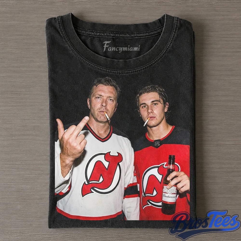 New Jersey Devils Martin Brodeur and Jack Hughes Smoking Drinking Beer and Middle Finger Tee