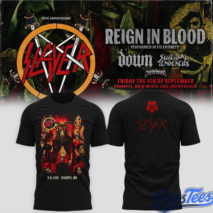 Slayer Shakopee 2026 Event Tee Reign In Blood 40 Anniversary Tour 2026 Shirt