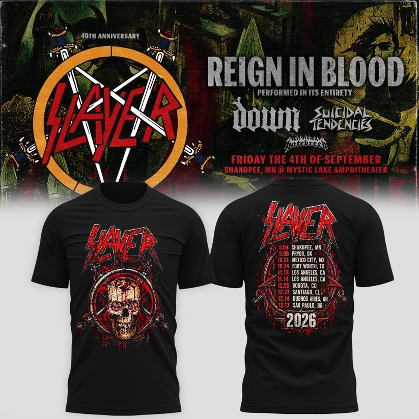 Slayer Shakopee 2026 Event Tee Reign In Blood 40 Anniversary Tour 2026 Shirt