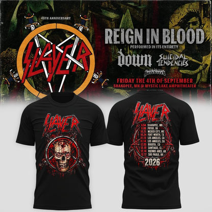 Slayer Shakopee 2026 Event Tee Reign In Blood 40 Anniversary Tour 2026 Shirt
