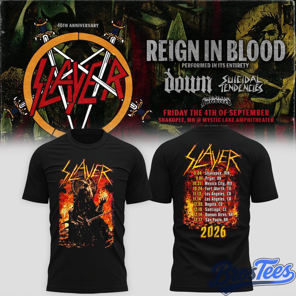 Slayer Shakopee 2026 Event Tee Reign In Blood 40 Anniversary Tour 2026 Shirt