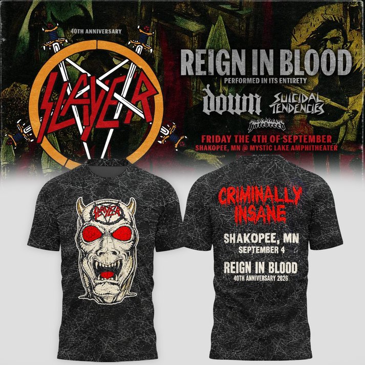Slayer Shakopee 2026 Event Tee Reign In Blood 40 Anniversary Tour 2026 Shirt