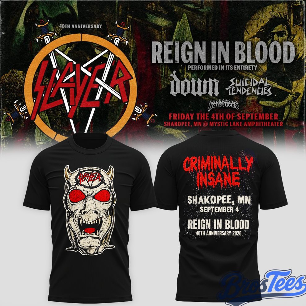 Slayer Shakopee 2026 Event Tee Reign In Blood 40 Anniversary Tour 2026 Shirt