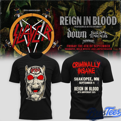 Slayer Shakopee 2026 Event Tee Reign In Blood 40 Anniversary Tour 2026 Shirt