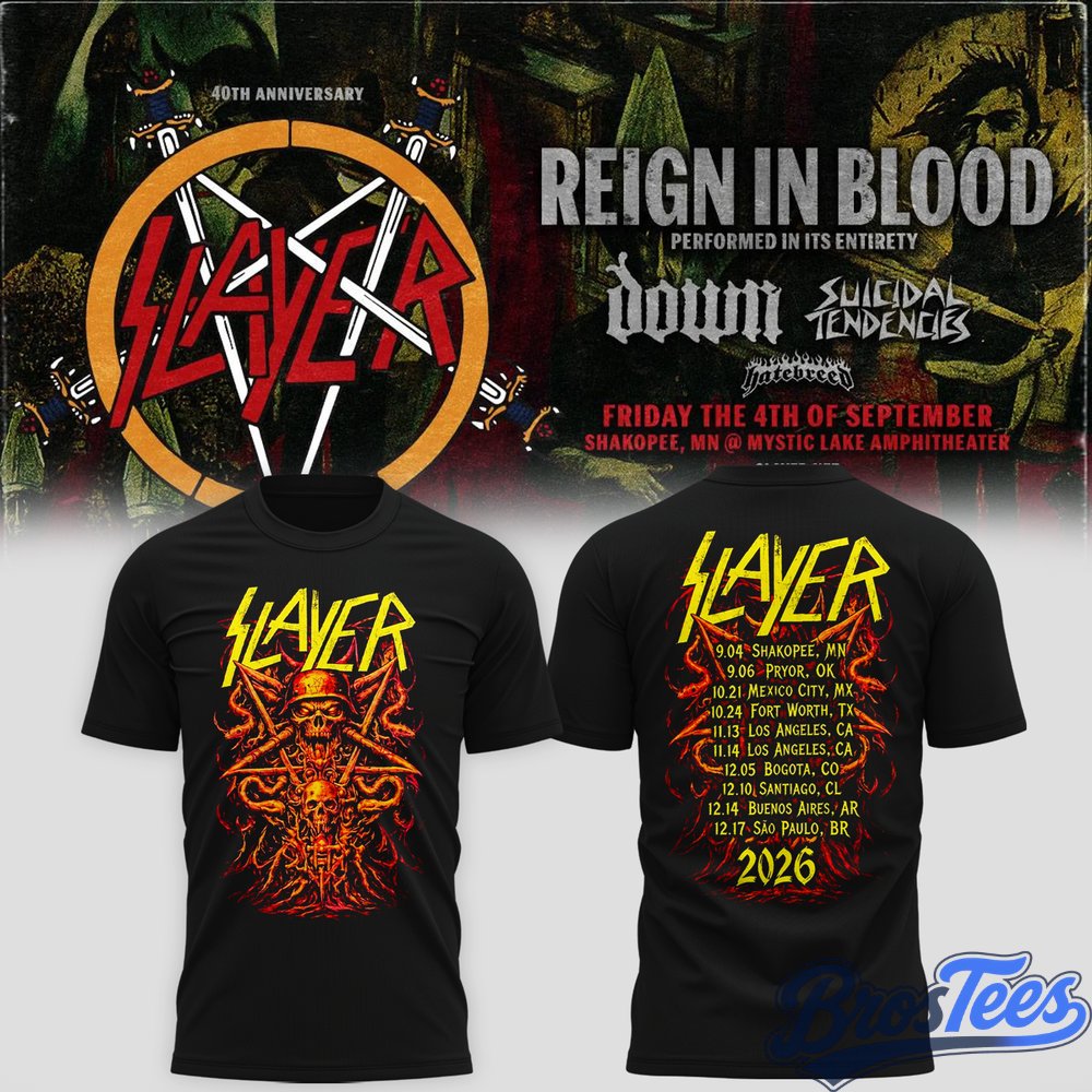 Slayer Shakopee 2026 Event Tee Reign In Blood 40 Anniversary Tour 2026 Shirt