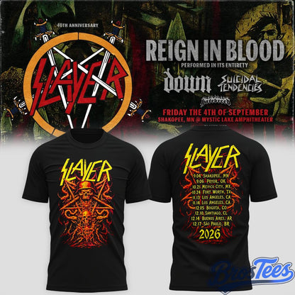 Slayer Shakopee 2026 Event Tee Reign In Blood 40 Anniversary Tour 2026 Shirt
